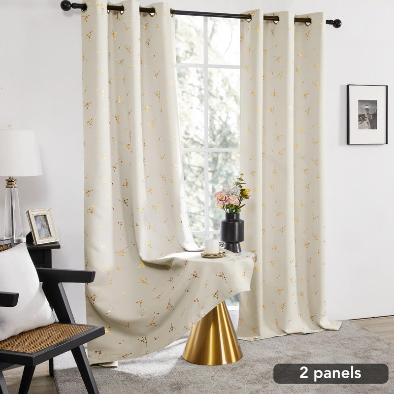 Deconovo Blackout Curtains 2 Panels for Bedroom and Living Room, Gold Foil Floral Branch and Dots, Thermal Insulated Room Darkening Grommet Window Drapes for Nursery, Light Beige, 42W x 72L Inch - Image 3